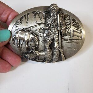Cool Vintage 80s Siskiyou American Frontier Mountain Men Pewter Belt Buckle